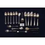 A collection of mainly silver spoons and a pair of sugar nips etc. Total weight 6.5 troy ozs approx.