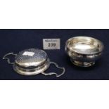 Silver tea strainer and matching bowl on a pedestal base. Birmingham hallmarks, makers name GWL &