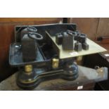 Vintage G.P.O.S.C no.9 MKII weighing scales with various weights, all marked G.P.O. (B.P. 21% + VAT)