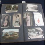 Art Nouvea design postcard album containing assorted postcards, topographical, portraits,