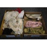 Two boxes of vintage and antique textiles and costume items including; decorative placemats/doilies,