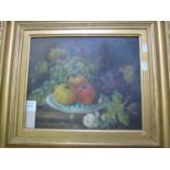 Still life study of fruit on the table with flowers on a plate, oils on canvas, unsigned, gilt