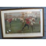 Framed coloured print, 'England vs Wales, January 5th 1895 at Swansea', Thomson scores the first try