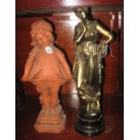 Two composite figurines one of a young girl on pedestal base the other of a classical lady in robe