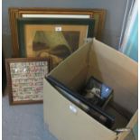 Box of assorted furnishing pictures, small sampler, printed portraits, modern winter scene