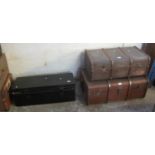 Two vintage wooden and metal banded trunks, together with a tin two handled box. (3) (B.P. 21% +