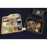 Collection of costume jewellery to include a porcupine needle box and beaded evening bag. (B.P.