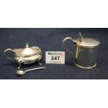 Silver mustard pot with hinged lid and blue glass liner, Chester hallmarks. Together with another