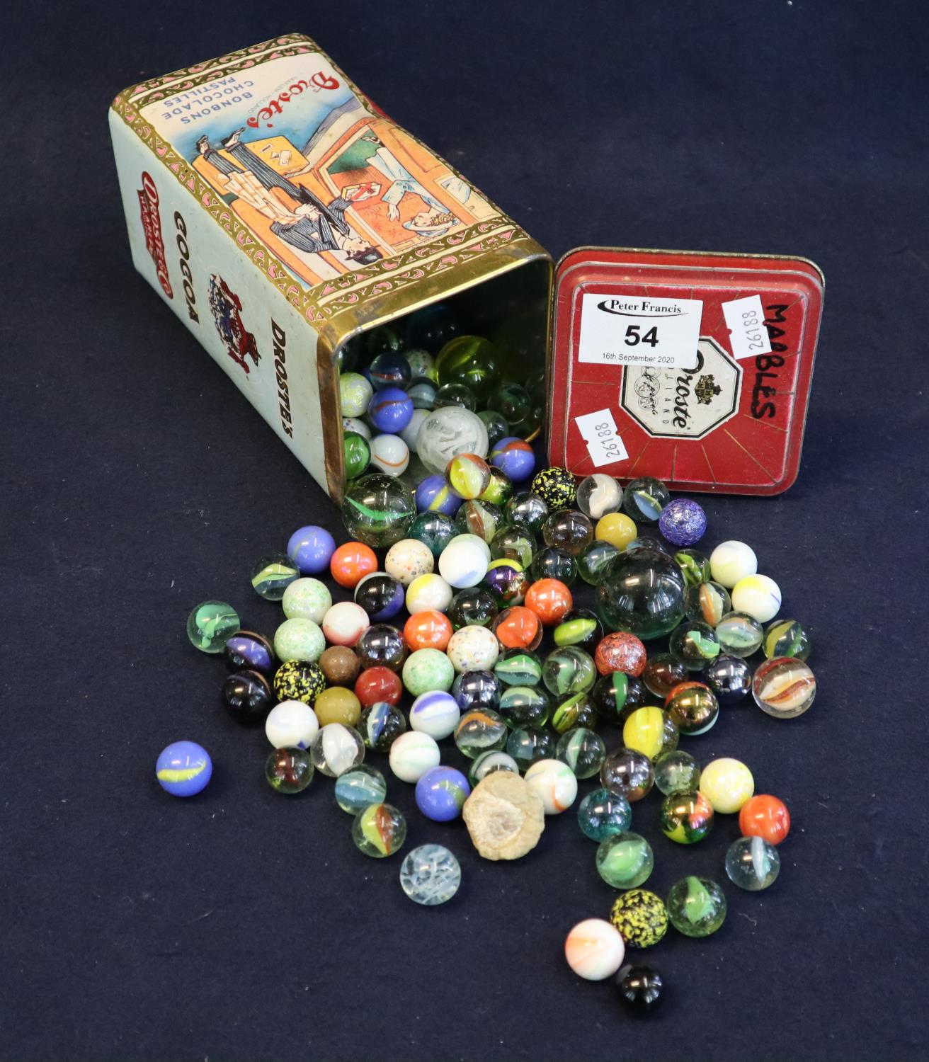 A Dutch vintage tin chocolate box 'Droste's bon-bons chocolade pastilles' containing a large