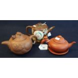 Group of 3 Chinese Yixing style teapots one with polychrome enamel decoration (3). (B.P. 21% + VAT)