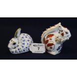 Royal Crown Derby bone china paperweight of a recumbent rabbit, together with a Royal Crown Derby