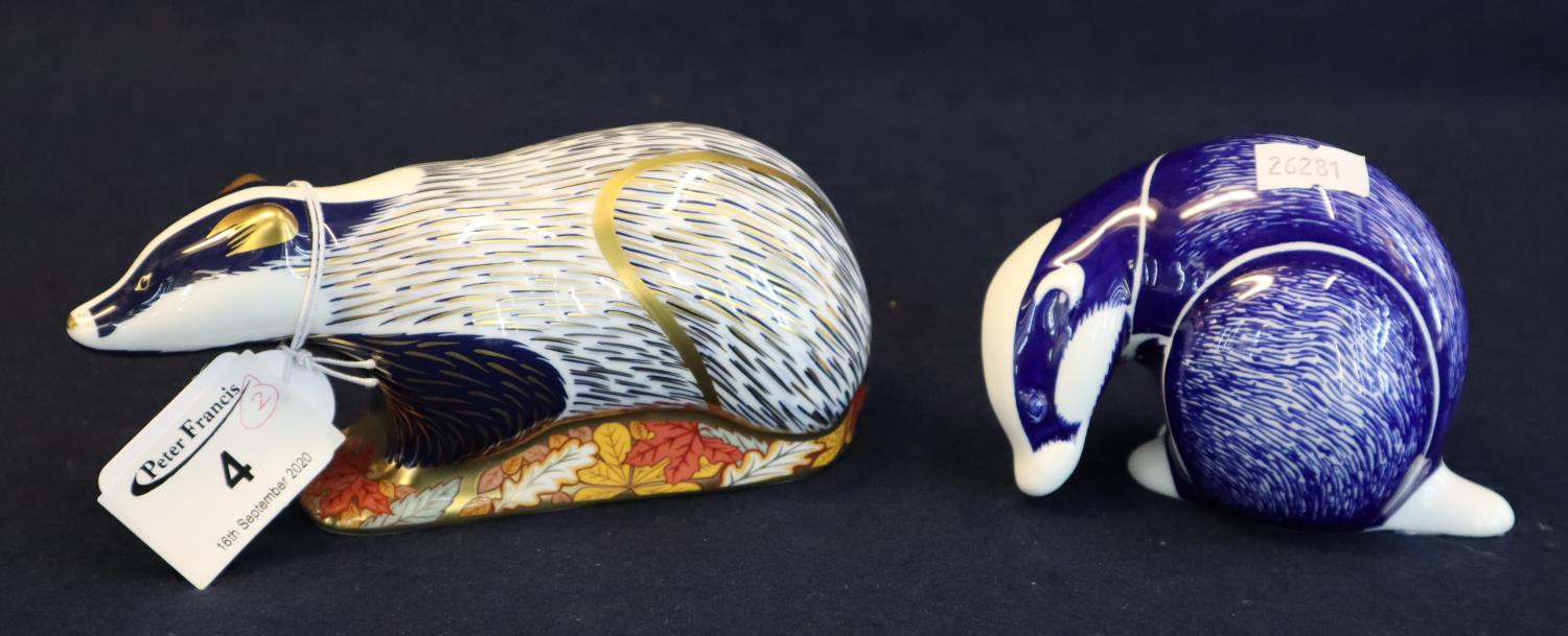 Royal Crown Derby bone china paperweight 'Woodland Badger' with gold stopper, in original box.