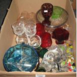 Box of assorted coloured and clear glass items to include; a ruby flash cut goblet depicting a