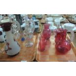 Two trays of assorted glassware, various to include; cranberry glass, cream jug and decanter and