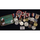Classic Curly Cut tobacco box comprising assorted medals etc, to include; Royal Masonic