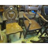 19th Century oak farmhouse bar back open armchair, together with a Victorian oak hall chair in