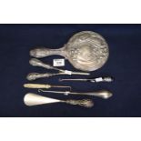 Silver Art Nouveau design ladies hand mirror, together with other items including; silver handled