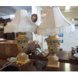 Pair of modern gilded rose decorated lamps on square stepped bases with cream floral shades. (2) (