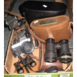 Box of cameras and other items to include; Rolleiflex SL35, cased and other binoculars including;