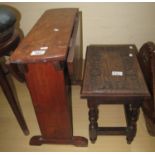 Early 20th Century oak carved stool of small proportions, together with a mid Century mahogany