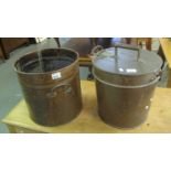 Copper two handled lidded coal bin, together with another copper two handled coal or log bin. (2) (