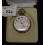 9 ct gold open faced, keyless lever pocket watch with Arabic white enamel face having seconds