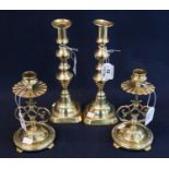 Pair of brass baluster candle sticks with square bases, together with a pair of fancy scrollwork