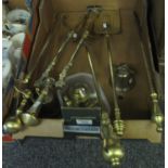 Box comprising assorted brass companion set items, together with brass weights and a hanging, silver