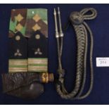 Military uniform items to include braid lanyard, epaulettes and together with a small flask. (B.P.