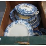 Box containing assorted blue and white transfer printed plates, lidded tureen, oval meat dishes etc.