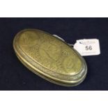 19th century brass, oval-shaped snuff box with hinged cover and engraved decoration depicting