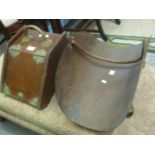 vintage copper coal scuttle with swing handle together with a mahogany purdonium with brass