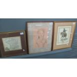 Two portrait furnishing prints, The Lady Parker and Napoleon Bonaparte. Also an original antique map