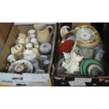 Two boxes of assorted china to include various floral plates, Wedgwood blue and white Jasperware