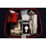Small ladies dressing case containing costume jewellery, modern wristwatches, some odd coins etc. (