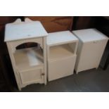 Painted Lloyd loom style laundry basket with hinged lid together with similar bedside cupboard and