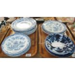 Two trays of 19th century blue and white transfer printed mainly Llanelly Colandine and other