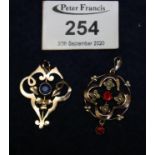 Two similar 9 ct gold Art Nouveau design stone set pendants. 3.8g approx. (B.P. 21% + VAT)