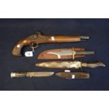 Spanish muzzle loading percussion pistol, Sheffield bladed sheath knife, a small Bowie type knife,