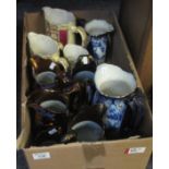 Box of assorted 19th century dresser jugs to include copper lustre, blue and white art nouveau