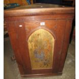 Oak blind hanging corner cupboard with painted foliate panel to the door and fitted shelves to the