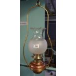 Brass hanging oil lamp with frosted glass baluster shade. (B.P. 24% incl. VAT)