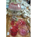 Tray of Victorian and other cranberry glass items to include 3 jugs and a frilled bowl, together