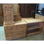 Group of modern stripped pine items to include a bedside cupboard, a small five drawer chest, low