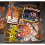 Box of assorted toys and collectibles to include Cloud Busters wooden plants, Jokari balls, and