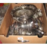 Box of assorted silver plate to include goblets, teaware, bonbon dish, cake basket with swing handle