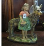 Early 20th century coloured plaster group of a little girl with a large dog. 41 cm high approx. (B.