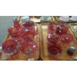 Two trays of Victorian Cranberry glass items to include pedestal bowls, bonbon dishes, jar and