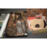 Two boxes of assorted items to include brass candle sticks, vintage kitchenalia, Basil Brush