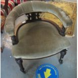 Edwardian tub type library elbow chair with upholstered back and stuff over seat on ring turned legs